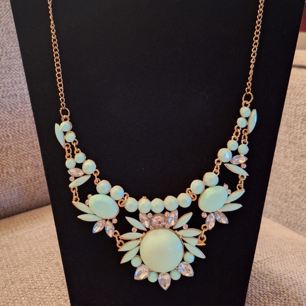 Mint Green Rhinestone And Gold Statement Necklace - Picture 2 of 3
